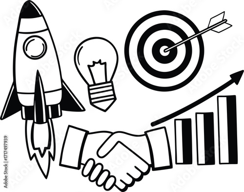 Hand drawing a rocket launch from a bright lightbulb, a business concept for a new technology startup idea