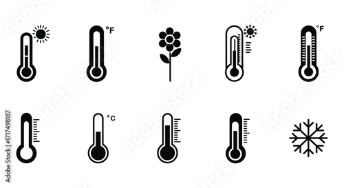 Black and white icons depicting weather temperature and seasonal elements