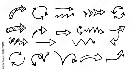 Collection of hand drawn arrow and circular direction symbols in black and white