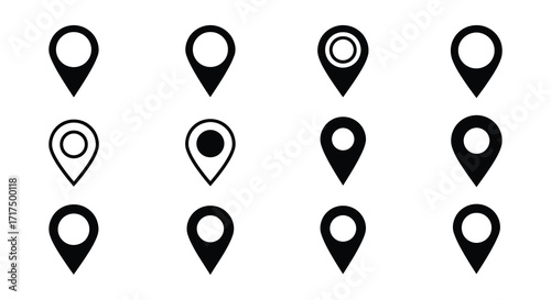Collection of simple black map marker icons in various styles displayed
