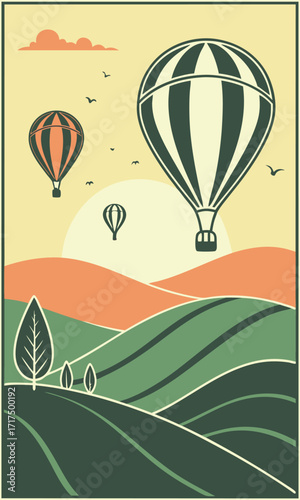 Vibrant hot air balloons ascend over rolling hills at sunrise, inspiring adventure and freedom with a retro travel poster aesthetic.