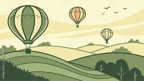 Soaring hot air balloons over rolling green hills offer a vintage adventure and breathtaking panoramic views for travel inspiration.