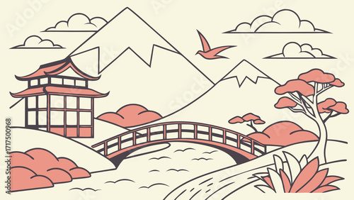 Serene Japanese garden with pagoda, bridge, and mountains evokes tranquility and peaceful contemplation for mindful living and cultural exploration.