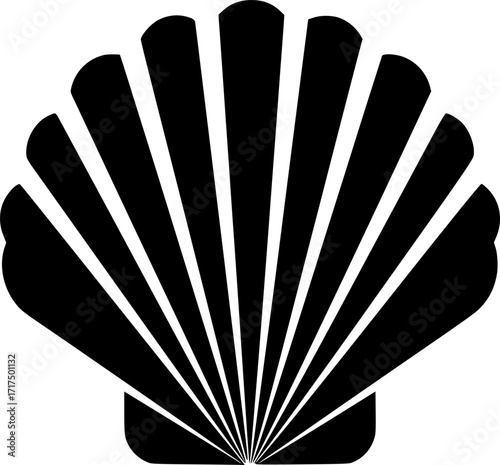 a simple black silhouette of a scallop shell, vector illustration, monochrome