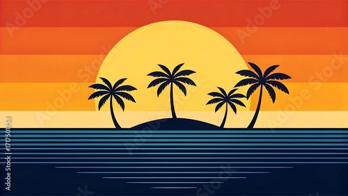 Retro Sunset Tropical Island: Silhouette Palm Trees, Ocean Stripes, Warm Color Palette, Summer Vacation Vibe
