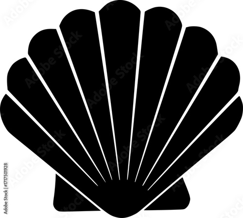 a simple black silhouette of a scallop shell, vector illustration, monochrome