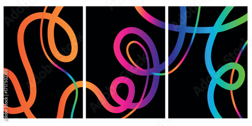 A collection of colored gradients of organic lines of elements. Smooth curved shapes in bright rainbow colors, including pink, blue, yellow, green, purple, orange and light blue, to create a modern 