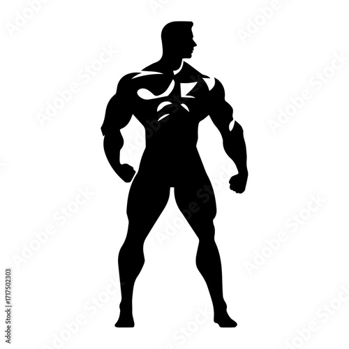 Silhouette of a muscular man standing with defined muscles and a strong physique in black and white image