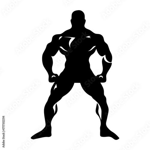 Silhouette of a muscular man with a wide stance and defined physique in a black and white image
