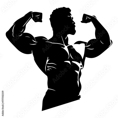 Silhouette of muscular man flexing biceps showcasing strength and fitness in a bold black and white design