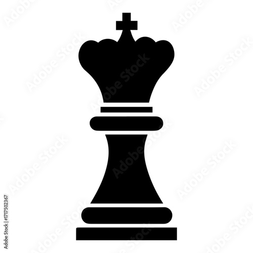 Illustration of a black chess king piece with a cross on top standing on a white background view