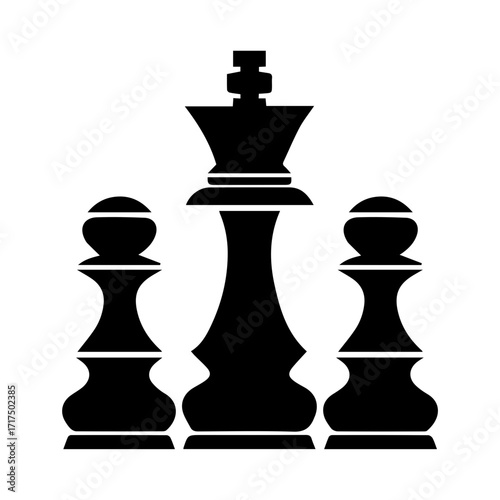 Illustration of a chess king piece standing between two pawn pieces in a simple black and white design