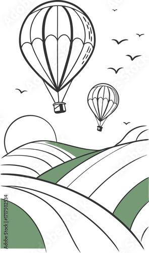 Soaring hot air balloons over rolling green hills with birds, capturing the spirit of adventure and travel.
