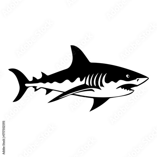 A black and white vector illustration of a shark swimming with its mouth slightly open to show teeth