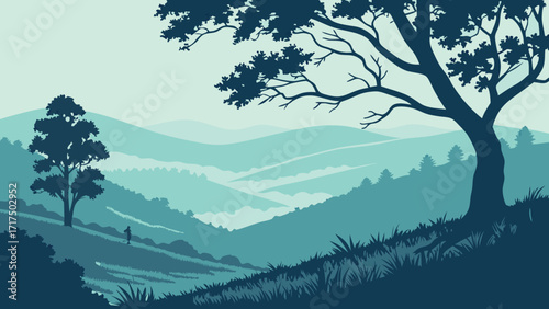 Tranquil landscape with rolling hills, majestic trees, and a serene atmosphere perfect for nature lovers seeking peace.
