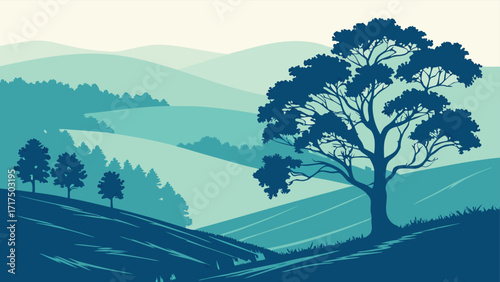 Serene landscape with rolling hills and a solitary tree, evoking peace and tranquility for visual projects and design needs