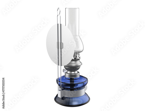 Vintage Blue Glass Kerosene Oil Lamp with Metal Reflector Isolated on White Background. Antique Style Lantern for Interior Decoration and Historical Lighting Concepts in High Quality Stock Image.