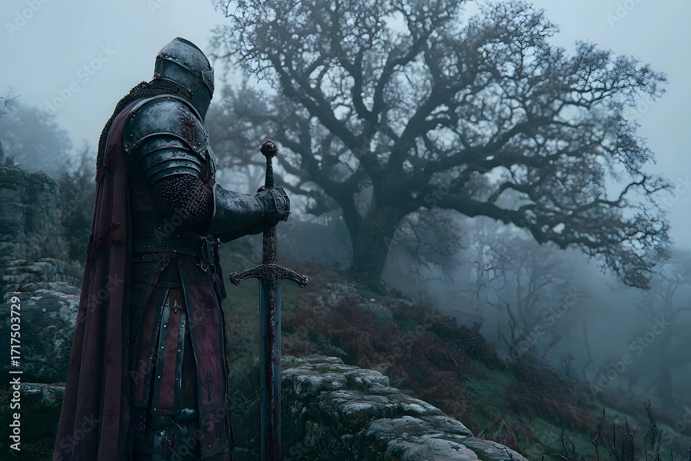 Fototapeta premium Crusader stands firm on misty hill heart heavy steel armor glowing with silent defiance
