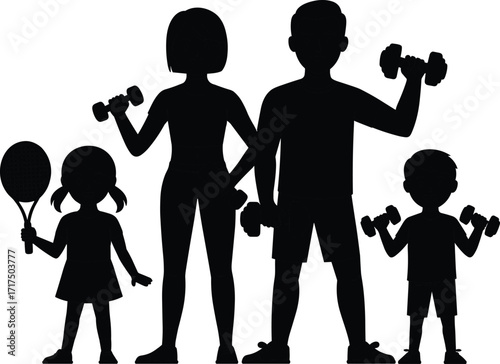 Active family with children exercising together using dumbbells and sports equipment, promoting fitness, healthy lifestyle, teamwork, outdoor workout, cartoon illustration