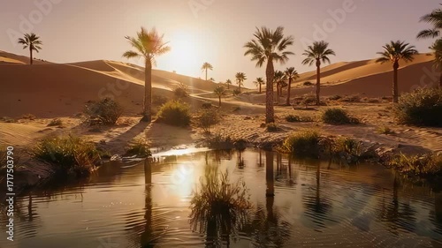 Desert oasis at sunset, palm trees reflect in calm water