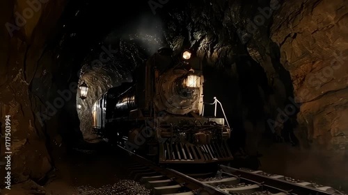 Steam train in a dark tunnel