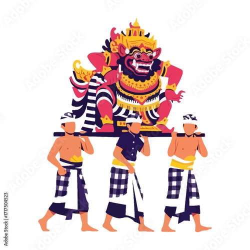 Balinese Men Carrying a Barong Figure with Intricate Gold Crown and Fierce Expression.
