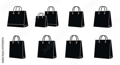 Collection of black paper shopping bags in various sizes showcased