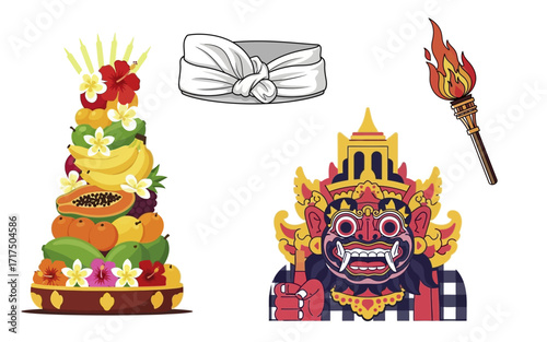 Balinese Offerings and Ritual Items in Vibrant Illustration.