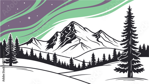 Stunning mountain range landscape with evergreen trees, vector art evokes peace and adventure, ideal for nature lovers and outdoor enthusiasts