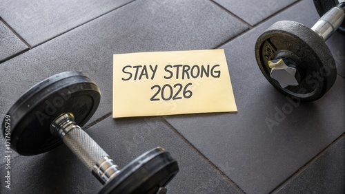 Motivational Fitness Message Stay Strong 2026 with Dumbbells on Exercise Mat for Workout Inspiration and Health Goals