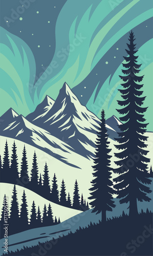 Enchanting aurora borealis dances above majestic snow-capped mountains and serene pine forests, a captivating winter wonderland scene of natural beauty