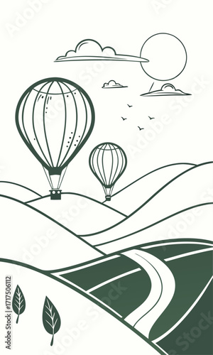 Dreamy hot air balloon adventure over rolling hills, stunning travel destination artwork evokes wanderlust and peaceful escape, perfect for vacation promos
