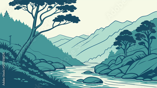 Serene mountain river landscape with lush trees and rocks, a tranquil outdoor scene ideal for nature lovers and adventure seekers, originally a scalable vector