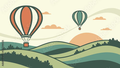 Dreamy hot air balloon flight over serene rolling hills at sunrise, evoking adventure and wanderlust, perfect for travel and leisure promotions