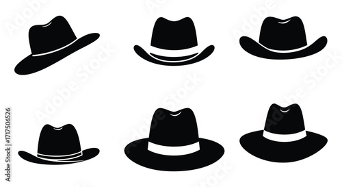 A collection of various black silhouettes of cowboy and fedora hats