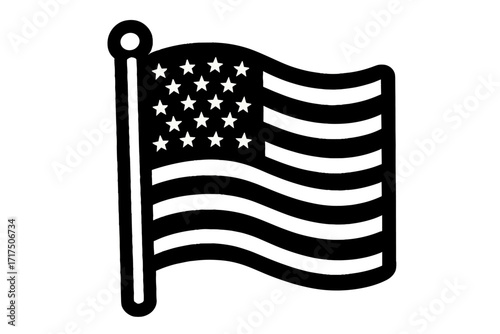American flag icon, waving USA banner silhouette. Black and white vector graphic. National symbol of freedom, patriotism, pride. For 4th of July, Independence Day, elections.