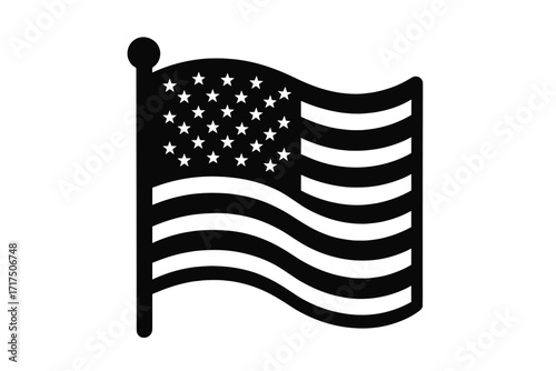 USA flag silhouette vector icon. Waving American banner on flagpole. National symbol of America. United States pride and freedom concept. Black and white patriotic illustration.