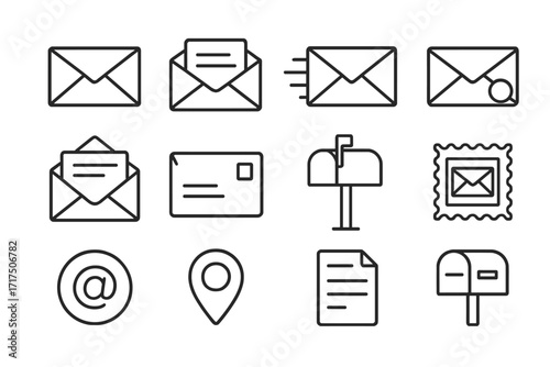 Mail and post line icon set. Vector envelope, letter, email, address, and mailbox outline symbols. Communication, delivery, and correspondence concept for web and app design.