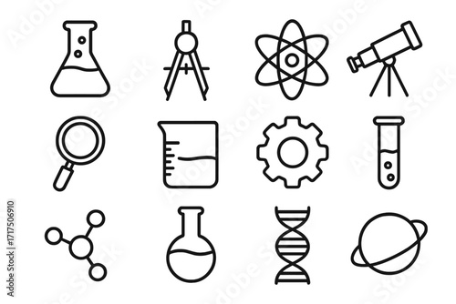 Science and research line icon set. Vector collection of thin line icons for chemistry, physics, biology, and astronomy. Contains editable stroke symbols for lab and education.
