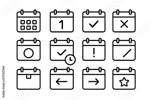 Schedule and date line icon set. Vector calendar pictograms for app interface and web design. Minimal outline symbols for events, reminders, appointments, and deadlines. UX/UI kit.