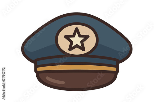 Police officer hat vector icon. Cartoon illustration of a cop cap with a star. Symbol of law enforcement, security guard, captain, patrol, authority, justice, and protection.