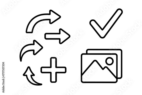 Set of essential user interface outline icons. Includes arrows, checkmark, plus sign and image gallery symbol. Editable stroke vector graphics for web design, apps and infographics.