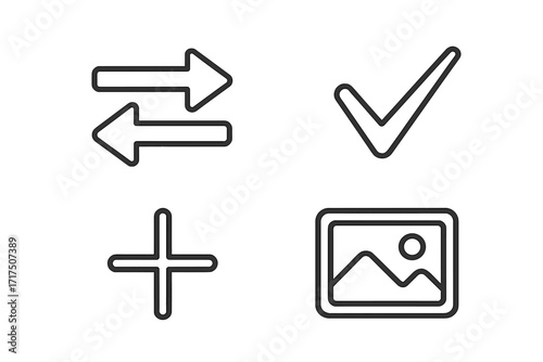 Line icon set with transfer arrows, checkmark, plus sign, and picture symbol. Simple thin line vector icons for UI and UX design, website, mobile app interface and infographic.