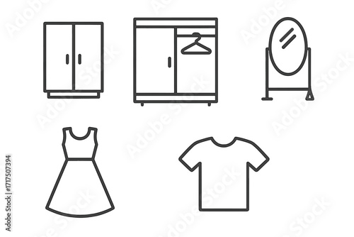 Closet & apparel line icon set. Wardrobe, mirror, dress, t-shirt thin line icons. Home furniture & fashion concept. Editable stroke vector for UI, UX, web design, apps.