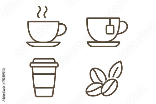 Coffee and tea line icon set. Vector outline illustration of hot drink, steaming cup, teabag, disposable mug and coffee beans. Minimal pictogram for cafe menu, web, app.