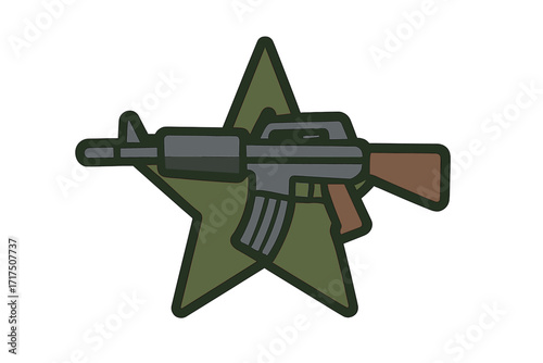 Assault rifle on a star icon. Military weapon symbol for army and veteran concepts. Flat vector cartoon illustration of a firearm for patriotic or war-themed designs. Kalashnikov.