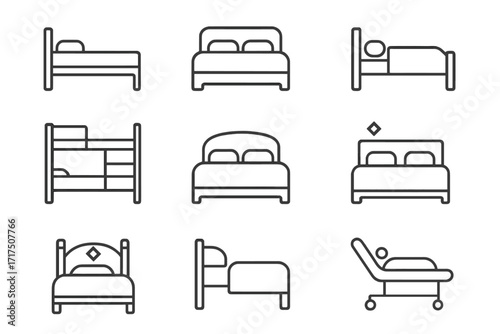 Bed and sleep icon collection. Outline furniture symbols for bedroom and hotel. Set of linear pictograms including single, double, bunk, and hospital beds. Editable stroke vector.