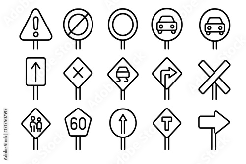 Traffic signs icon set. Road sign line icons. Street safety and regulation symbols. Warning, speed limit, direction, stop, intersection, car, pedestrian. Vector pictograms.