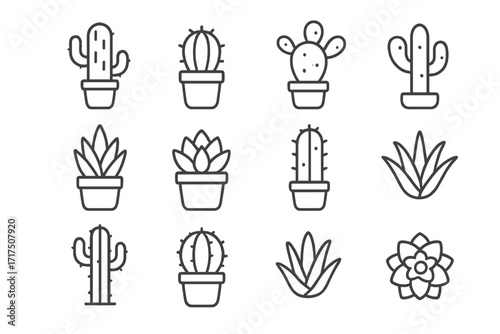 Cactus and succulent icon collection. Simple line art set of desert plants in pots. Minimalist outline icons for web and graphic design. Editable stroke vector illustration.