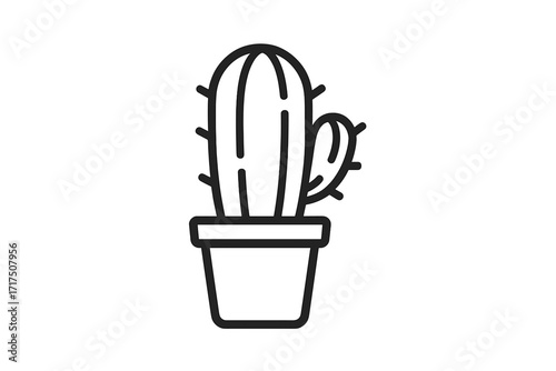 Cactus icon in a pot. Simple line art succulent symbol. Minimalist houseplant vector illustration. Desert plant, nature, botanical graphic element for design. Western style.
